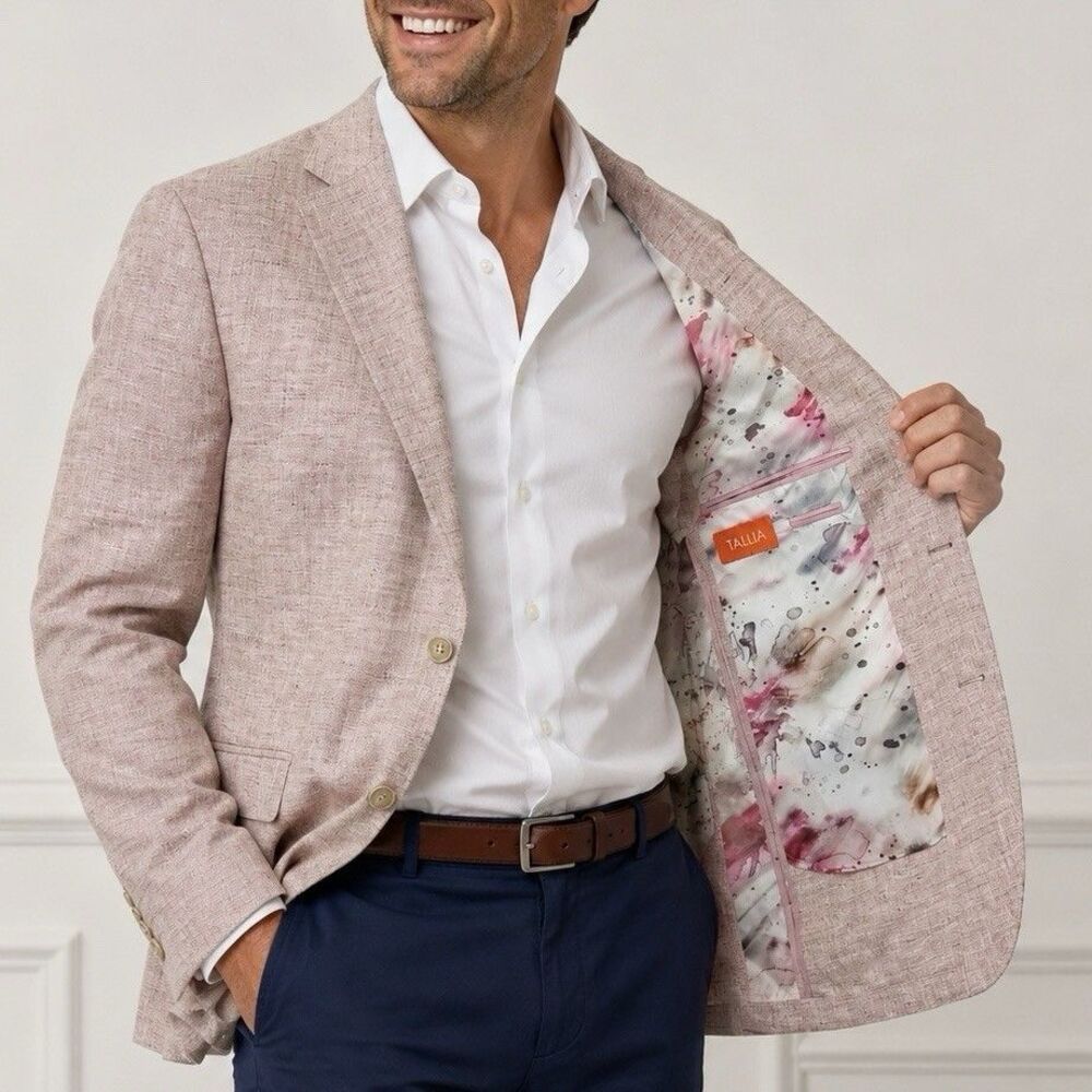 Tallia 48R Linen Sport Coat Blazer Pink Watercolor Floral Lining Pocket Square
